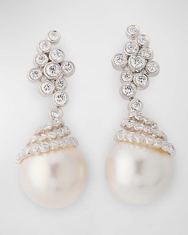 18K White Gold Diamond and 13.5mm South Sea Pearl Earrings