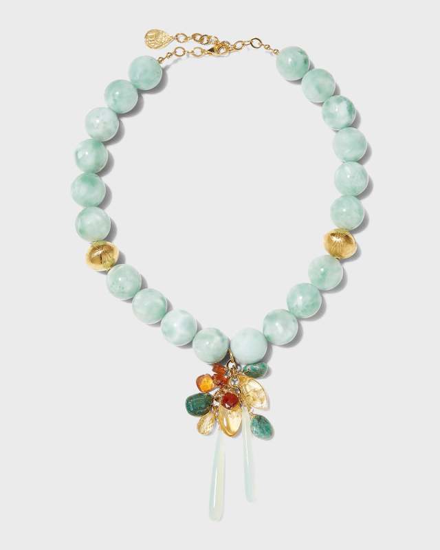 Mint Green Moonstone and Gold Accent Cluster Necklace