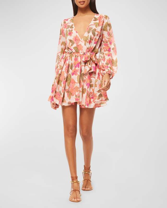 Caria Blouson-Sleeve Tie-Waist Mini Dress
