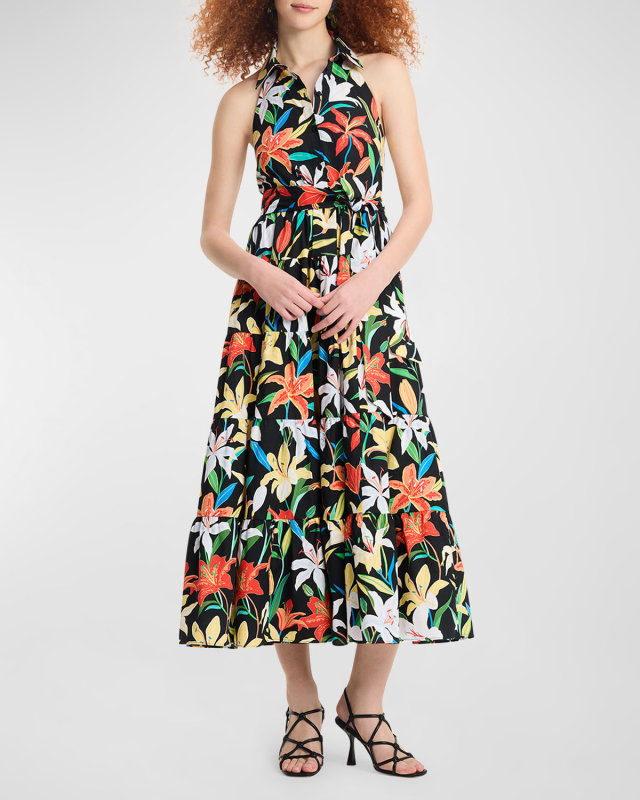 summer lilies tiered halter midi dress
