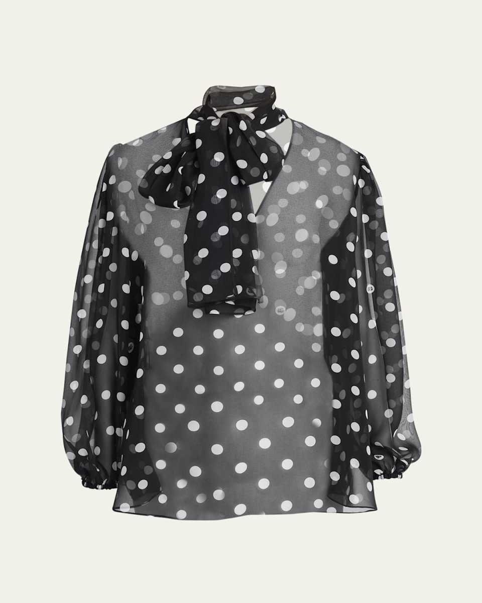 Polka Dot Chiffon Scarf-Neck Blouse