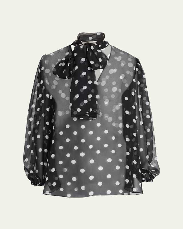 Polka Dot Chiffon Scarf-Neck Blouse