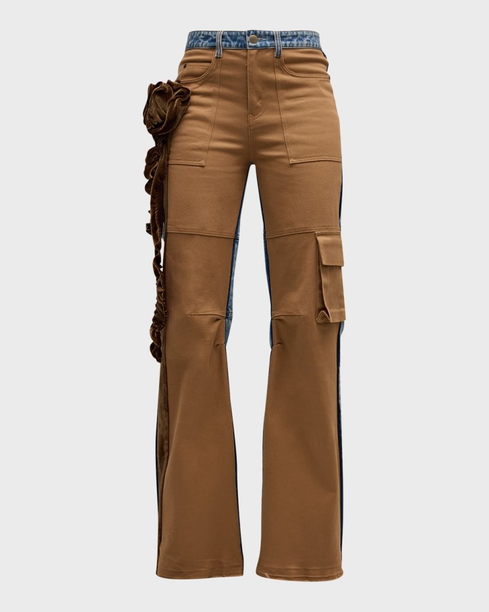 Tanner Mixed-Media Floral-Applique Straight-Leg Cargo Jeans