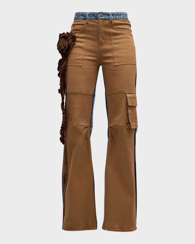Tanner Mixed-Media Floral-Applique Straight-Leg Cargo Jeans