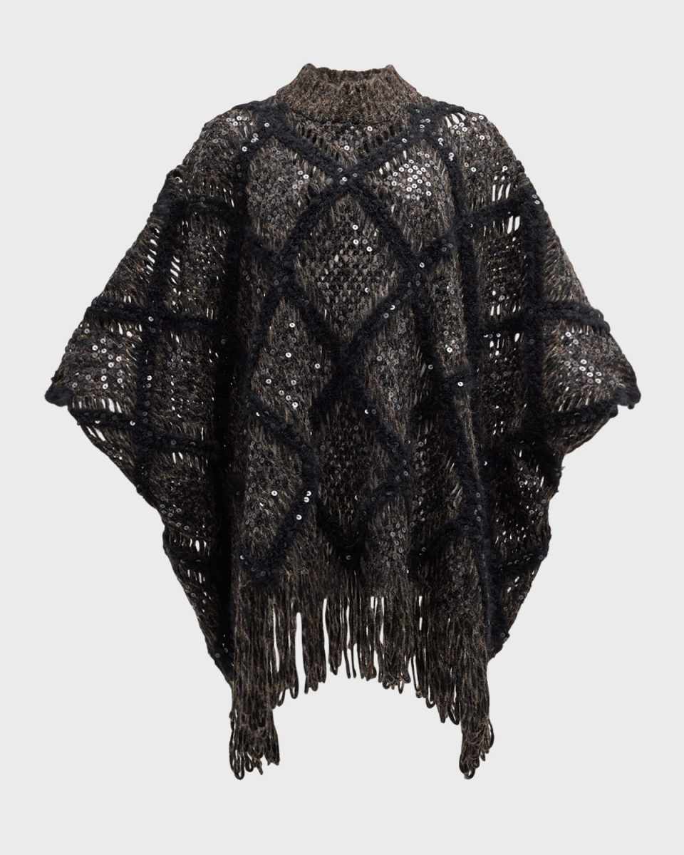Knit Poncho with Macro Argyle Embroidery and Paillette Detail