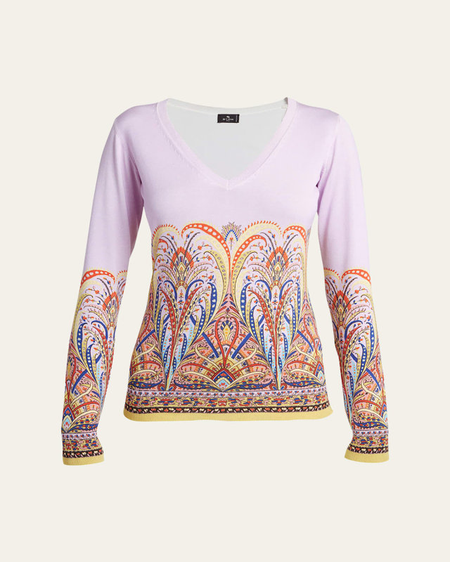 Intarsia Silk Knit V-Neck Top