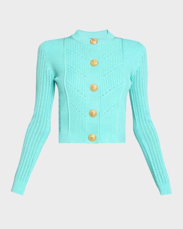 Buttoned Pointelle Rib Knit Short Cardigan