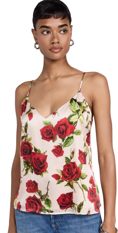L'AGENCE Jane Spaghetti Strap Top Sand/Red Romantic Rose
