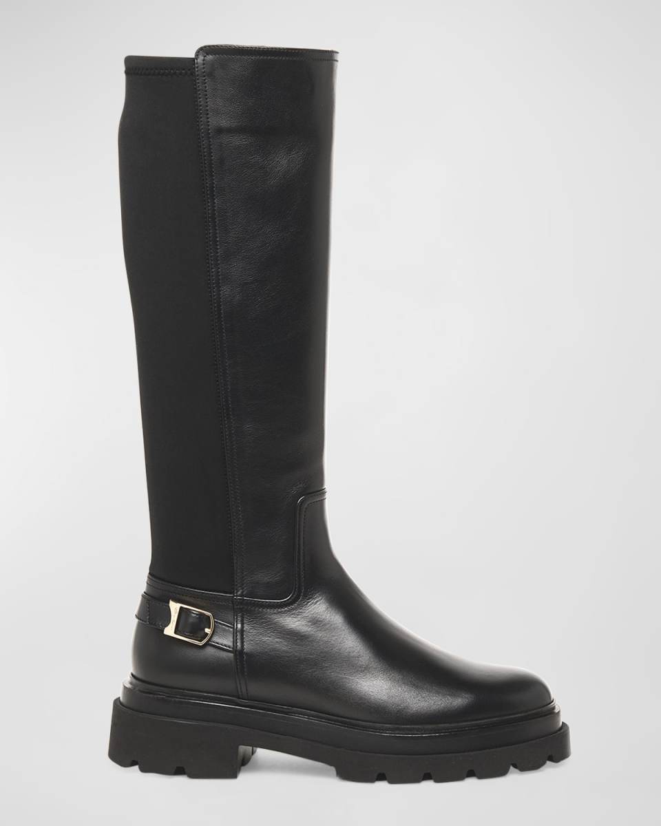 Leather Stretch Buckle Knee Boots