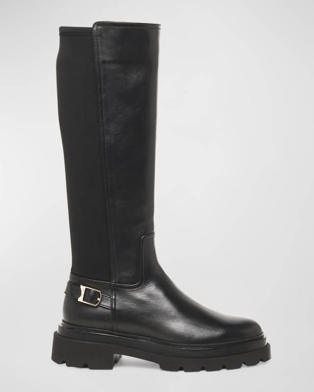 Leather Stretch Buckle Knee Boots
