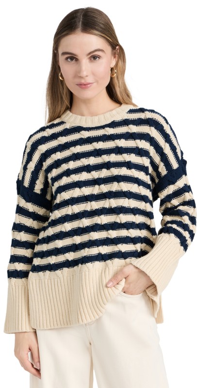 Madewell Cable Knit Oversized Sweater in Stripe Ecru Stripe