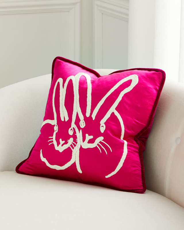 Hand-Embroidered Silk Bunny Pillow, Pink