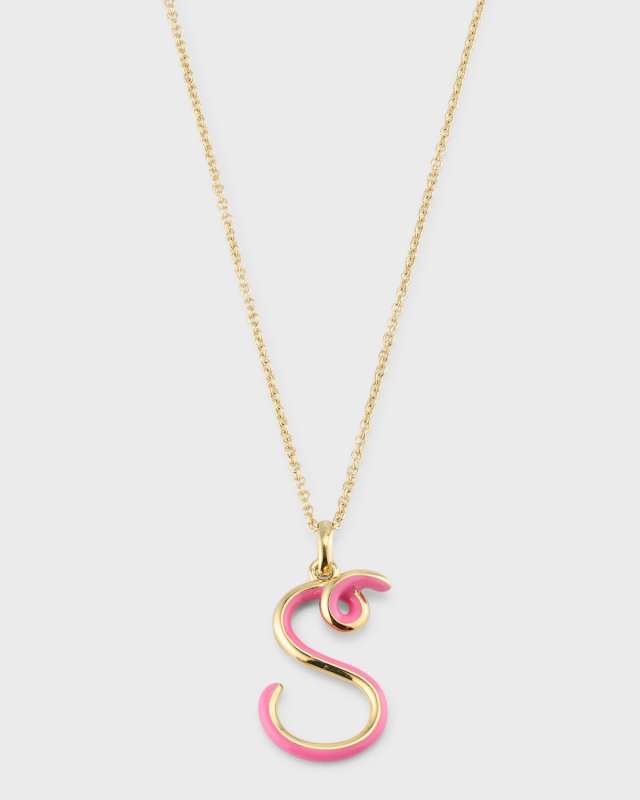 Letter S Pendant Necklace with Half Enamel in Bubblegum Pink