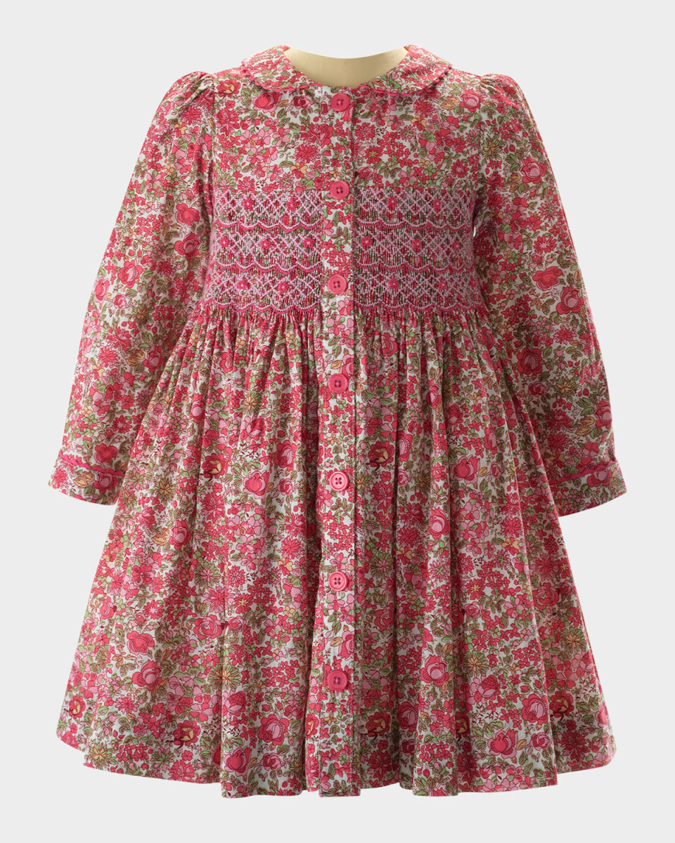 Girl's Blossom-Print Smocked Button-Front Dress, Size 2-10