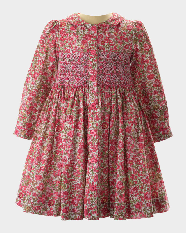 Girl's Blossom-Print Smocked Button-Front Dress, Size 2-10