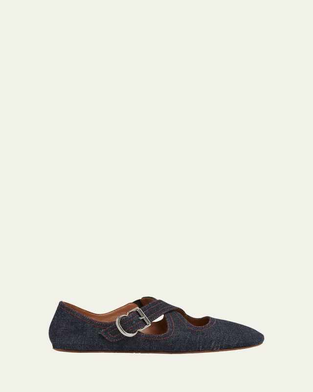 Denim Crisscross Buckle Ballerina Flats