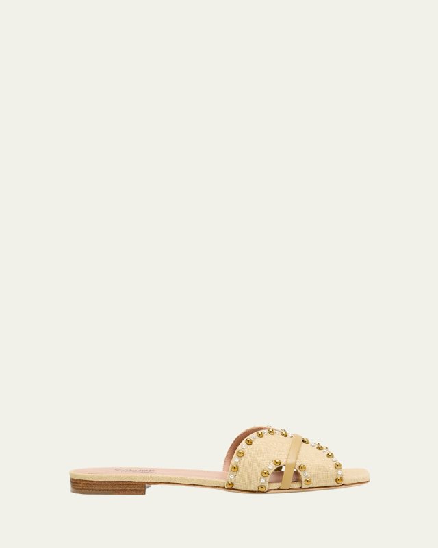 x Tabitha Simmons Keke Studded Linen Flat Slide Sandals