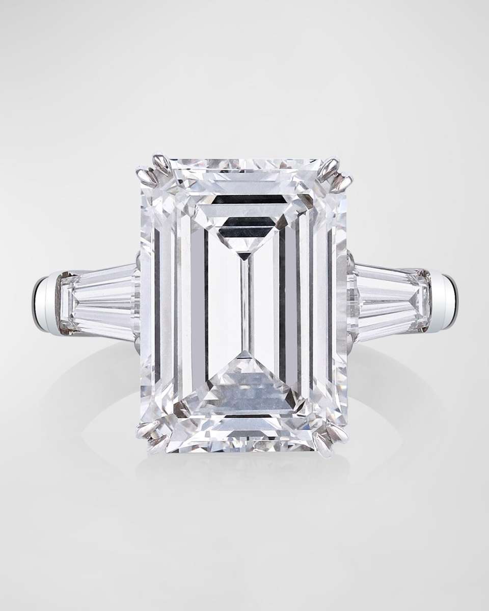 Platinum 3 Stone Diamond Ring with White Emerald Cut Center and Tapered Baguette Sides, Size 6.5, 16.72tcw