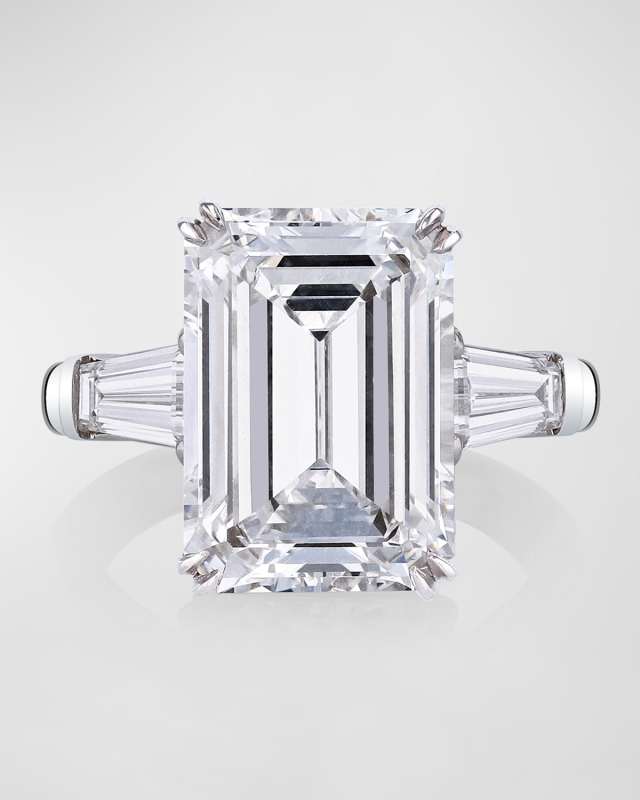 Platinum 3 Stone Diamond Ring with White Emerald Cut Center and Tapered Baguette Sides, Size 6.5, 16.72tcw