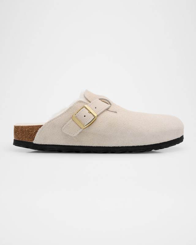 Boston Suede Shearling Buckle Slide Clogs