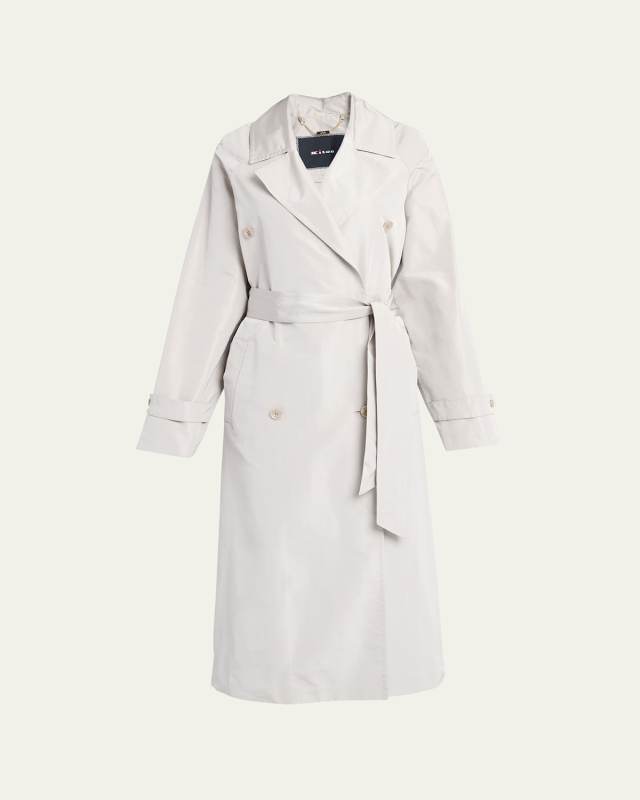 Long Double-Breast Tie-Waist Silk Trench Coat