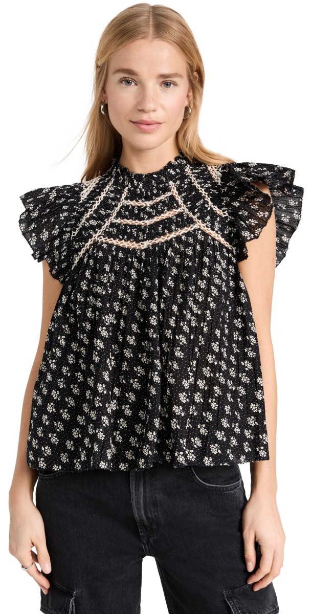 Sea Ada Print Flutter Sleeve Top Black