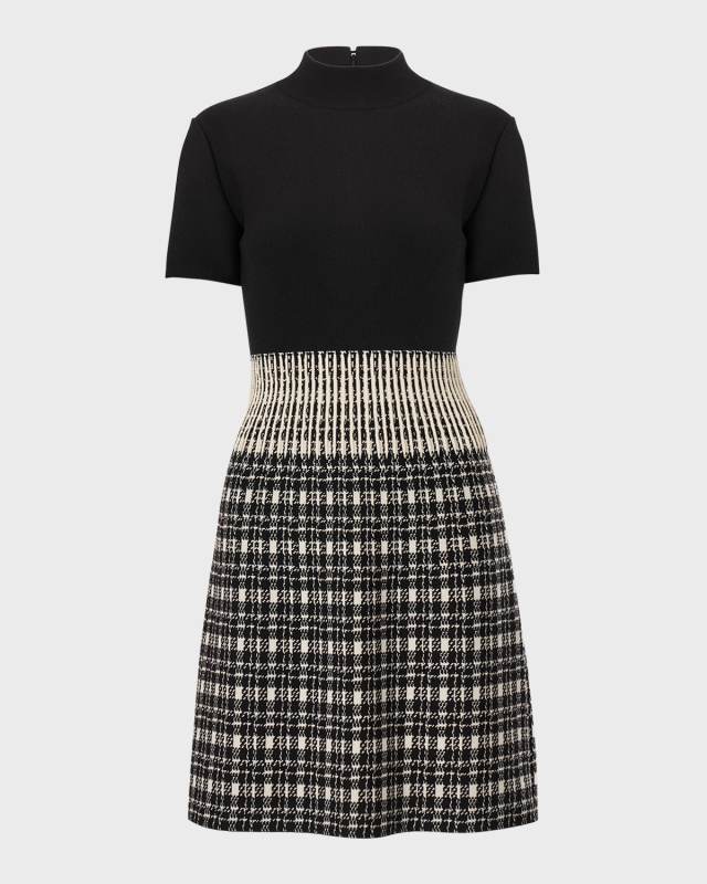 Mock-Neck Short-Sleeve Check Dress