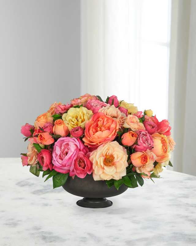Roses & Ranunculus 21" Faux Floral Arrangement in a Metal Bowl