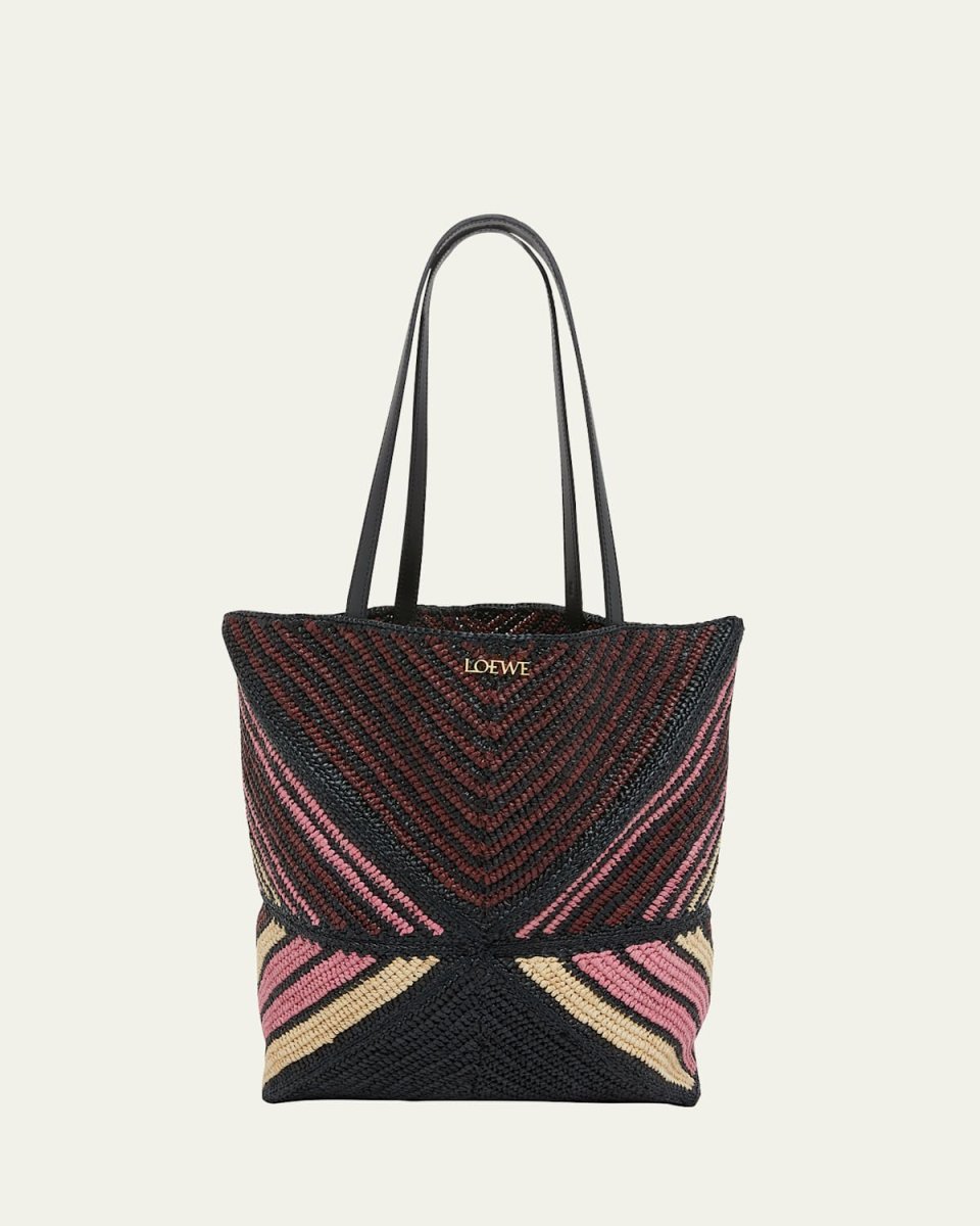 x Paula's Ibiza Medium Puzzle Fold Tote Bag in Striped Raffia with Leather Handles