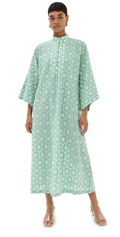 La Vie Style House Daisy Embroidered Maxi Caftan Seafoam