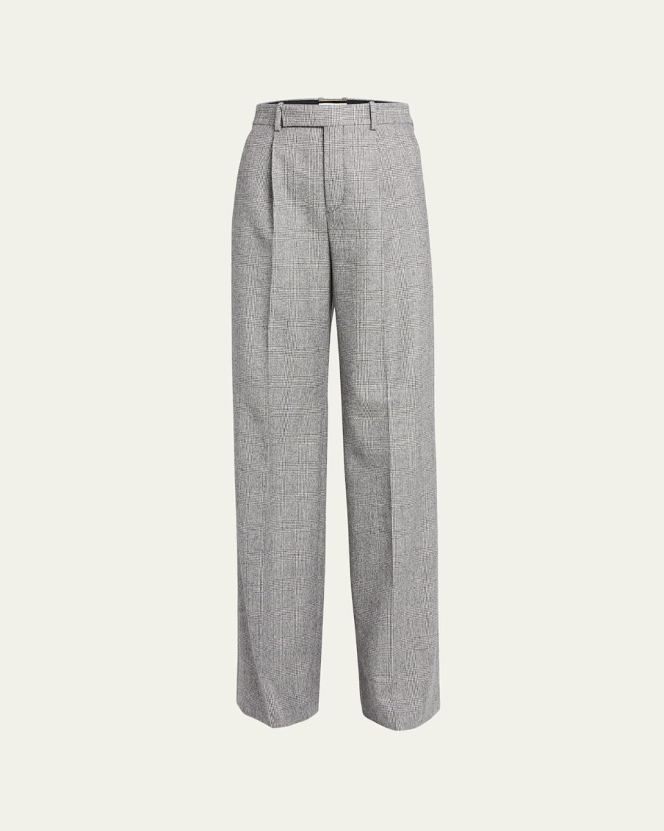 Wide-Leg Micro-Check Wool Trousers