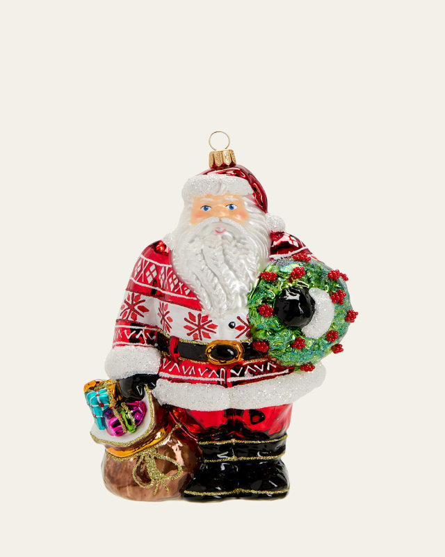 Santa with Bag and Wreath Christmas Ornament
