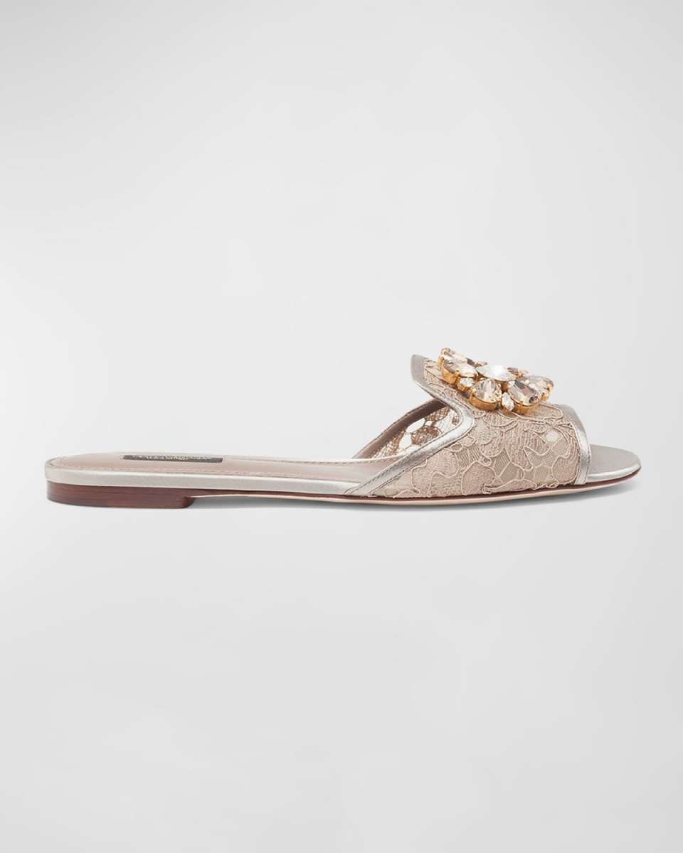 Lace Crystal Ornament Slide Sandals