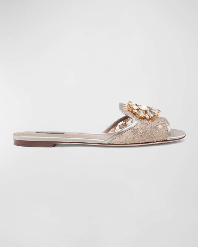 Lace Crystal Ornament Slide Sandals