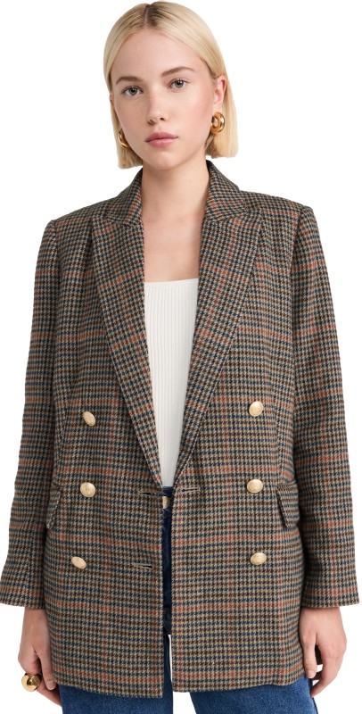 L'AGENCE Aimee Relaxed Double Breast Blazer Tan/Teal Plaid