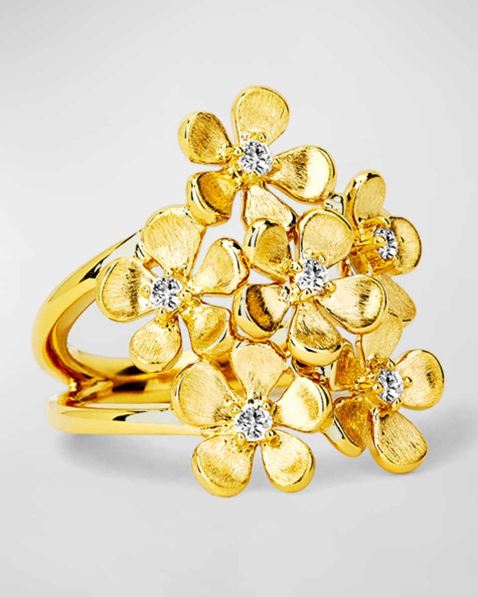 18K Yellow Gold Satin Flower Bunch Diamond Ring, Size