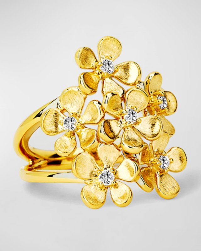 18K Yellow Gold Satin Flower Bunch Diamond Ring, Size