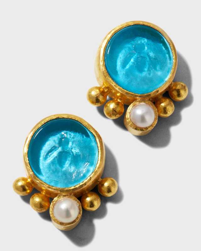 19K Yellow Gold Stud Earrings with Tiny Bee and Pearls