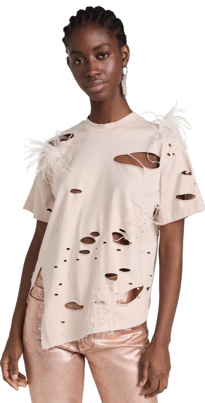 Marques Almeida Distressed T-Shirt with Feathers Beige