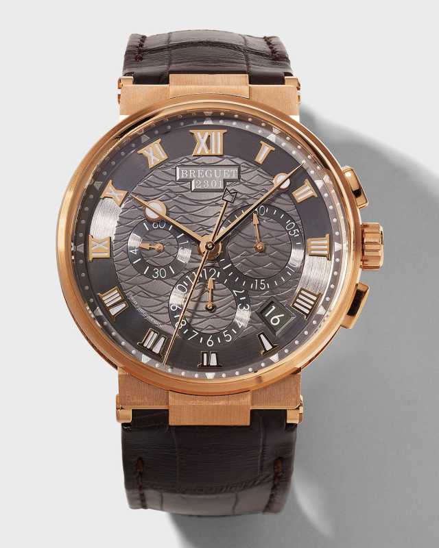 Rose Gold Marine Chronograph Gray Dial Watch with Leather Strap