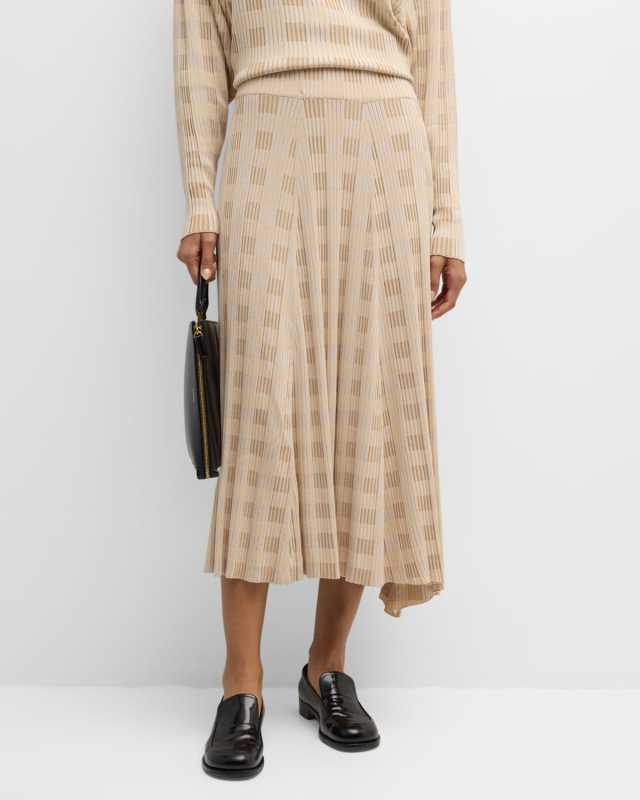 Asymmetric Ribbed Check-Print Midi Skirt