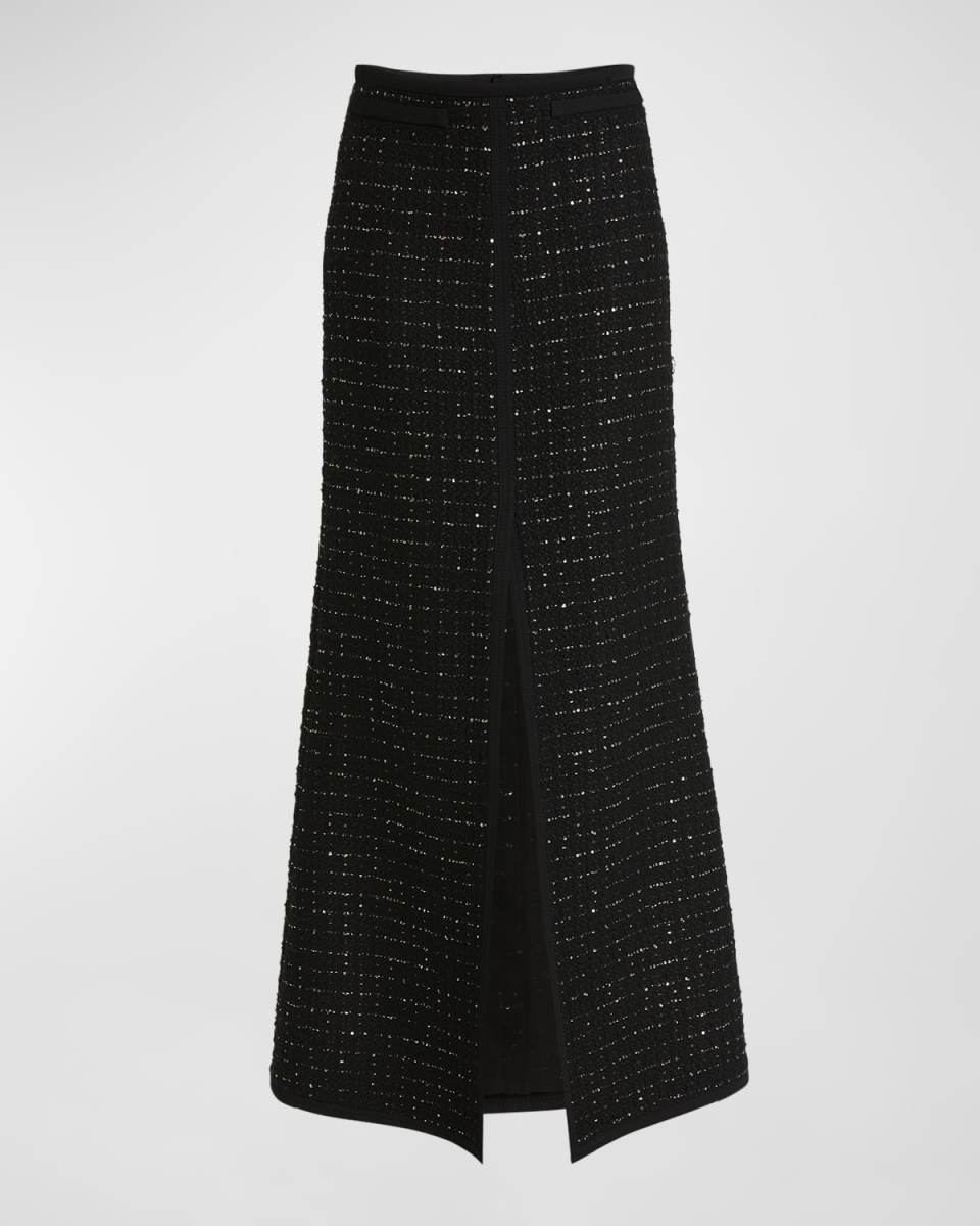 Paillette Tweed Slit Maxi Skirt