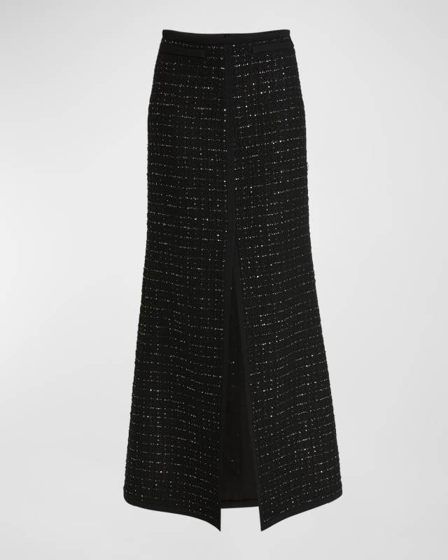Paillette Tweed Slit Maxi Skirt
