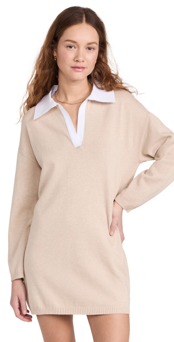 Naadam Cotton Cashmere Collared Hybrid Mini Dress Beige Combo