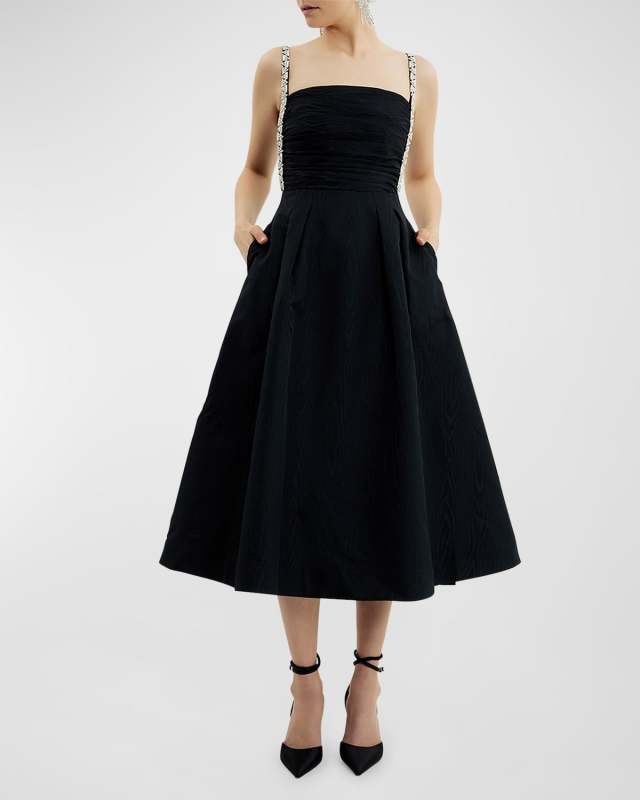 Danielle Pleated Rhinestone-Trim Midi Dress