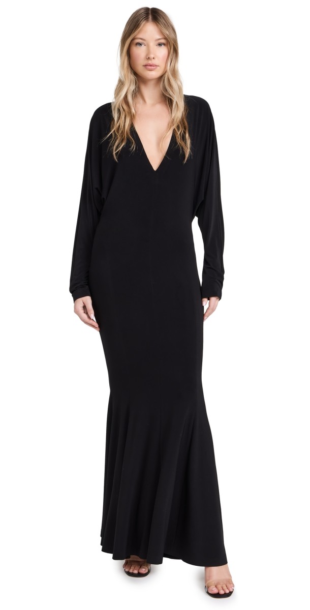 Norma Kamali Dolman V Neck Fishtail Gown Black
