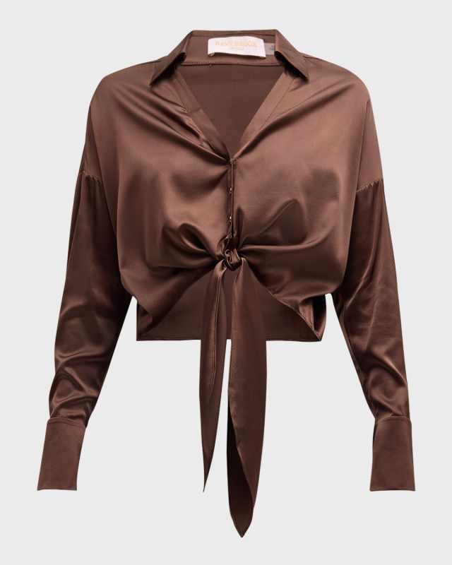 Farrah Cropped Tie-Hem Silk Blous