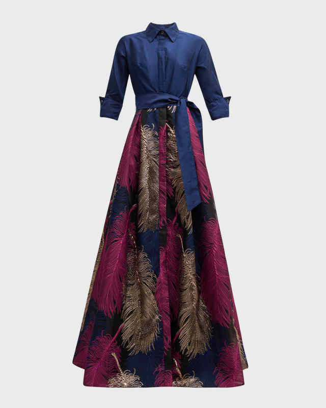 Taffeta Shirtdress w/ Feather Metallic Jacquard