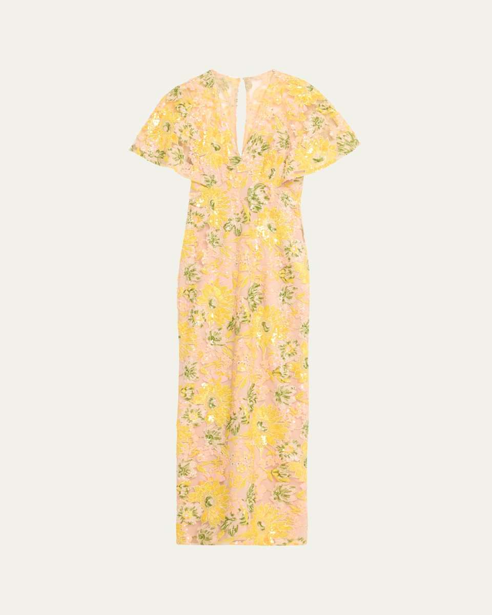 V-Neck Flower Sequin Cape-Sleeve Column Maxi Dress