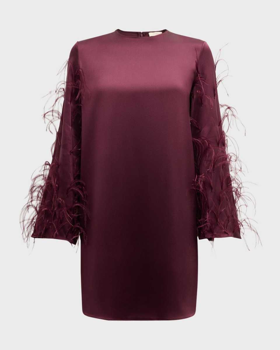 Feather Long-Sleeve Satin Mini Shift Dress